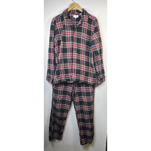 J crew Flannel Pajama Set Mens large Plaid Cotton Black red PJ button up holiday - Picture 2 of 16